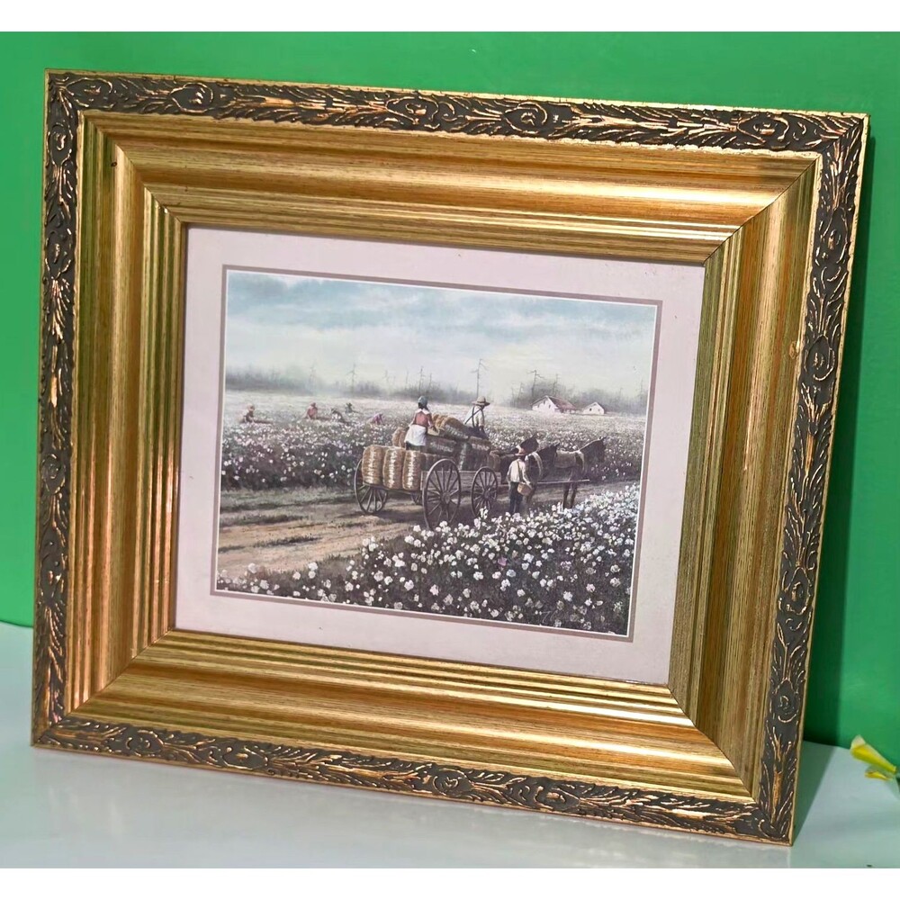 T. Coleman "Cotton Pickers" Framed Folk Art Print Vintage